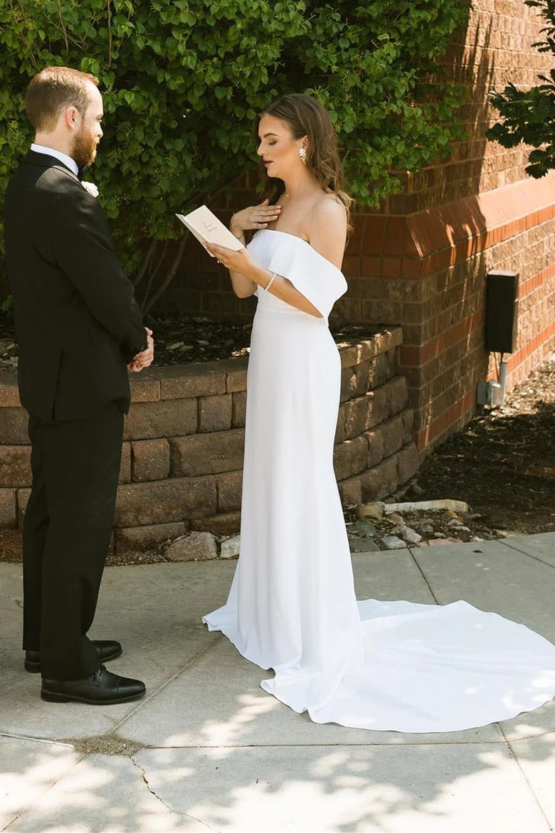 Robe de mariée longue sirène à épaules dénudées